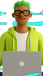 Personagem verde da WeeUp com notebook