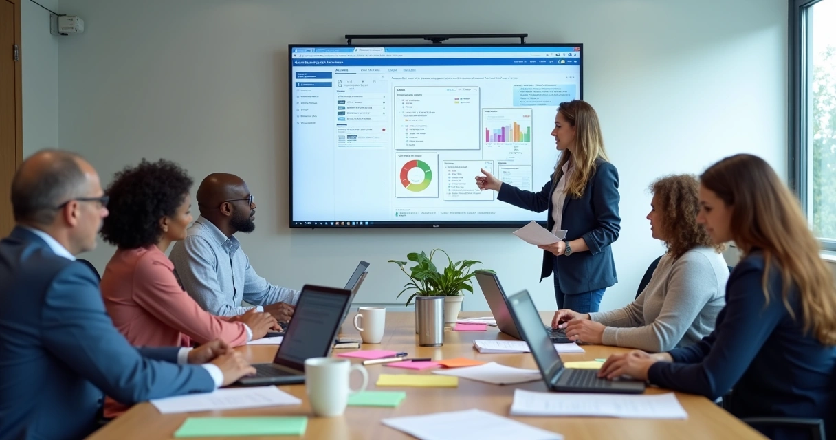 Equipe reunida em treinamento presencial sobre uso do TOTVS, com notebooks abertos sobre a mesa.