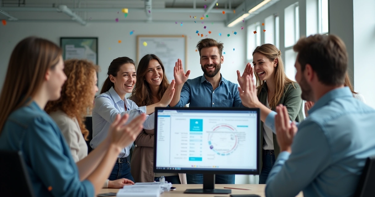 Colegas de trabalho comemorando após concluir treinamento no ERP TOTVS.