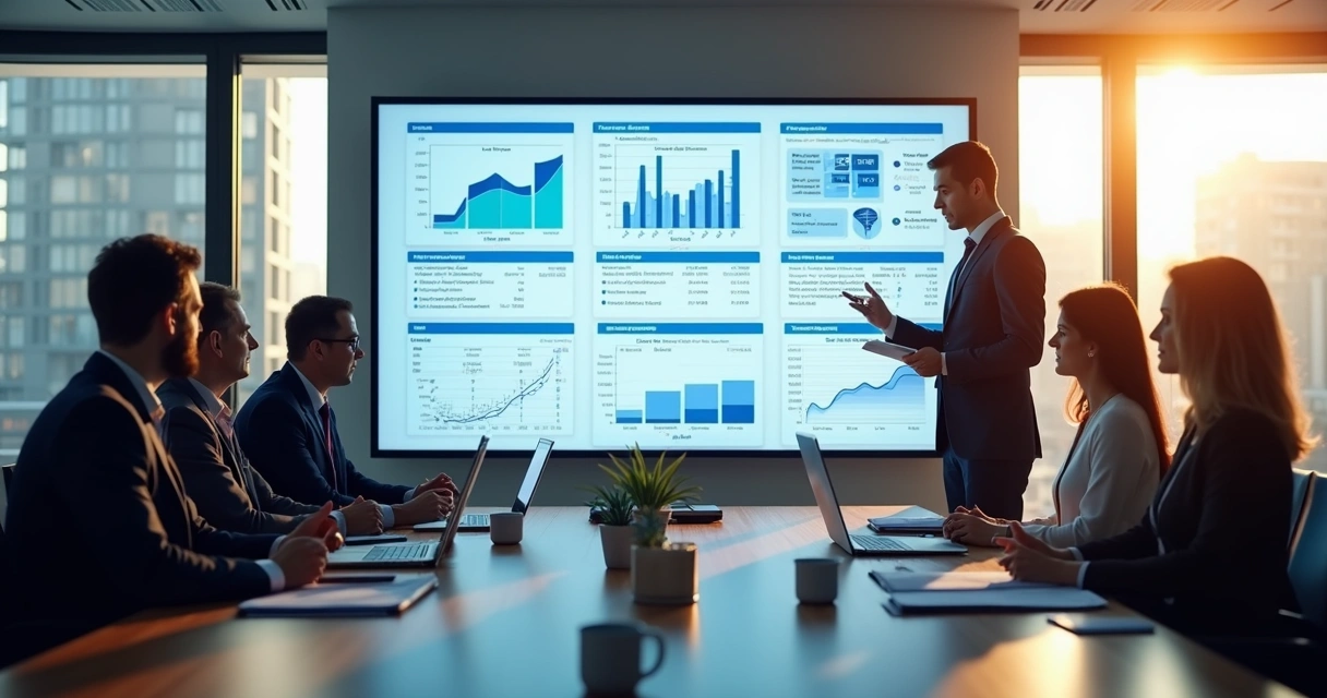 Equipe observando gráficos fiscais em tela do ERP