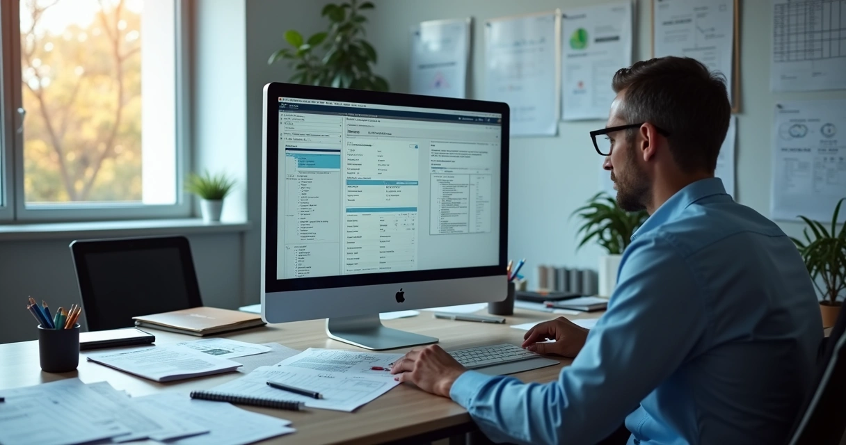 Consultor ajustando configurações em sistema ERP em tela grande