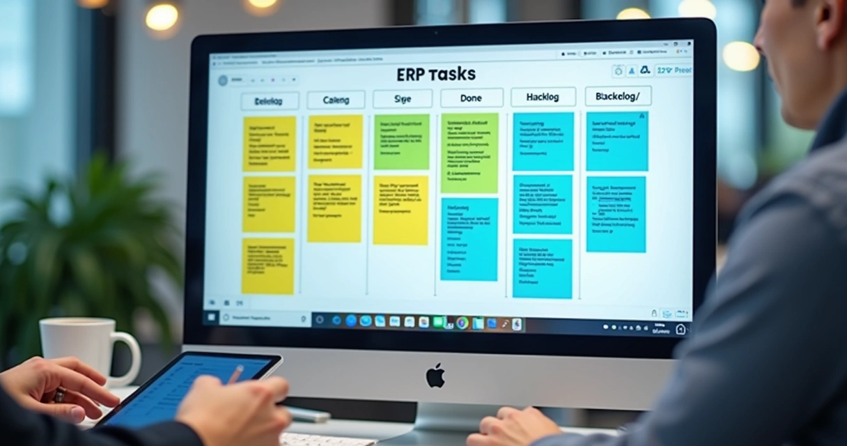 Kanban digital com tarefas e post-its coloridos em tela de computador