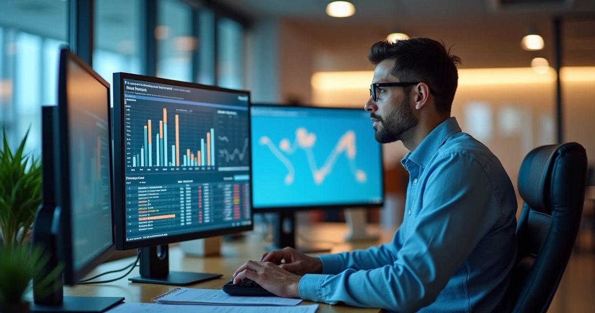 Analista fiscal em frente a computadores revisando software tributário