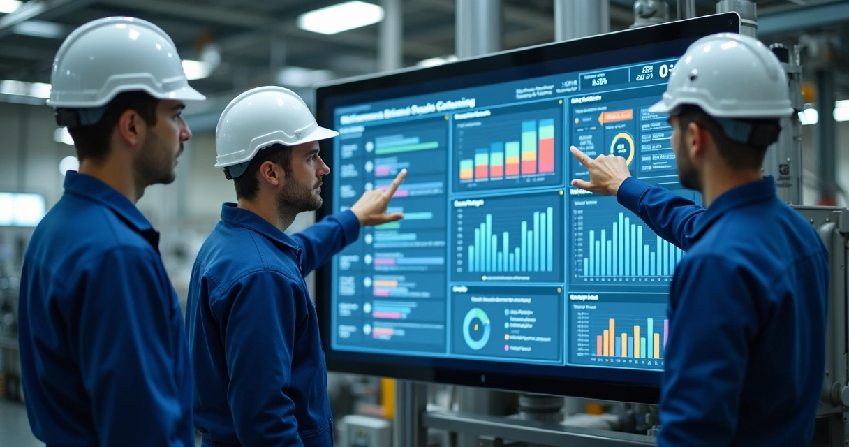 Equipe de manutenção analisando painel digital em indústria ao lado de equipamentos industriais
