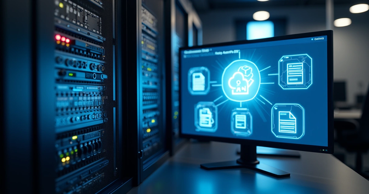 Servidor em rack com painéis de status e monitor exibindo a conexão com sistemas fiscais eletrônicos