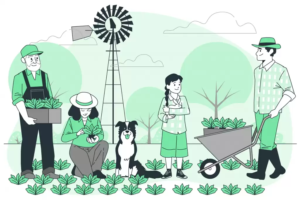 fazendeiros na fazenda e com um cachorro