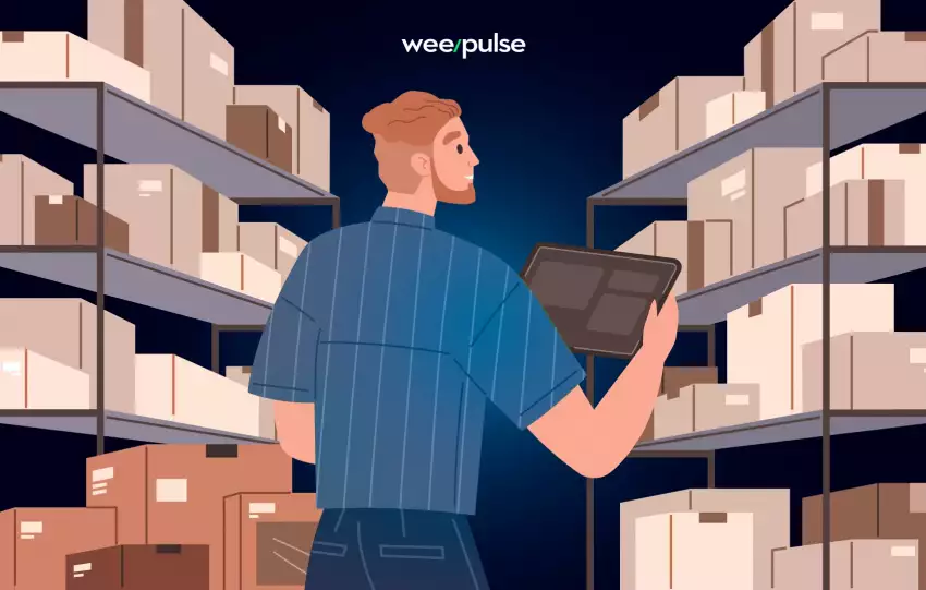 Homem loiro em desenho mexendo no estoque de mercadorias de uma grande empresa de logística e transporte