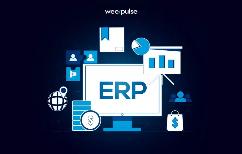 Diversas tecnologias e telas aparecendo, com um monitor ao centro com as palavras ERP