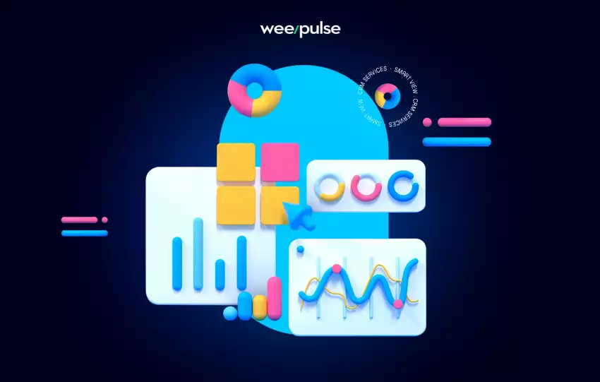 Gráficos e relatórios em diversas cores com um fundo azul brilhante