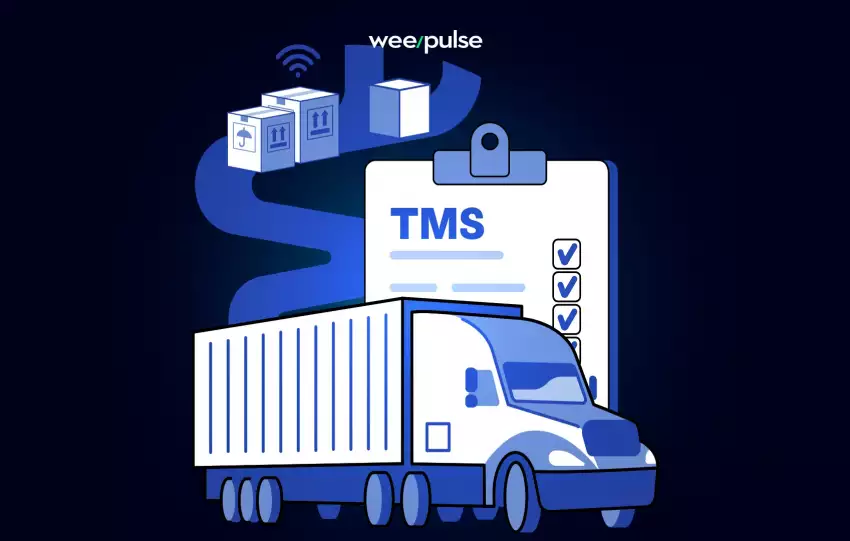 Caminhão de transporte seguindo sua frota e com uma caderneta escrito TMS ao fundo