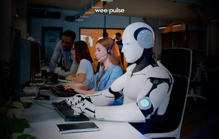 robôs e serem humanos trabalhando juntos em um escritório