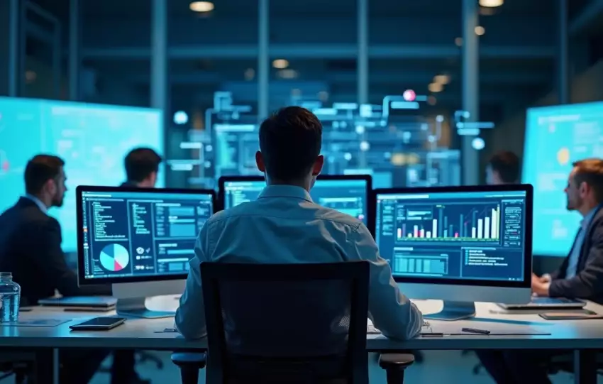 Profissional de TI analisando múltiplas telas de computador com dashboards e gráficos de integração de sistemas Protheus