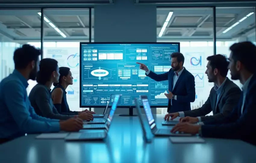 Equipe tecnológica discutindo projeto de ERP em ambiente moderno com telas exibindo gráficos e fluxos de processos