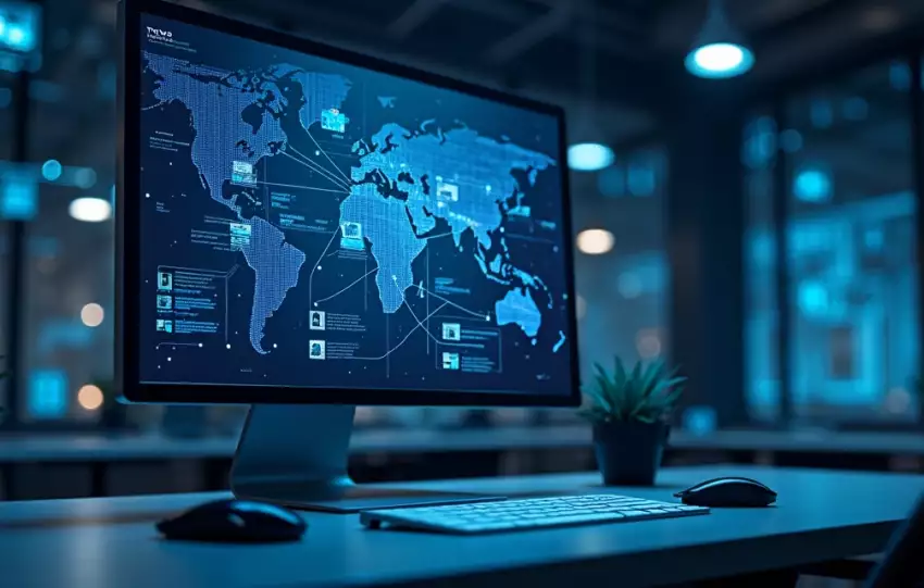 Tela de computador exibindo interface de orquestração de APIs com conexões entre sistemas ERP em fundo tecnológico azul