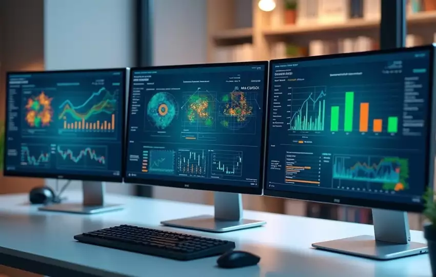 Três telas de computador exibindo dashboards corporativos de sistemas ERP com gráficos e dados comparativos