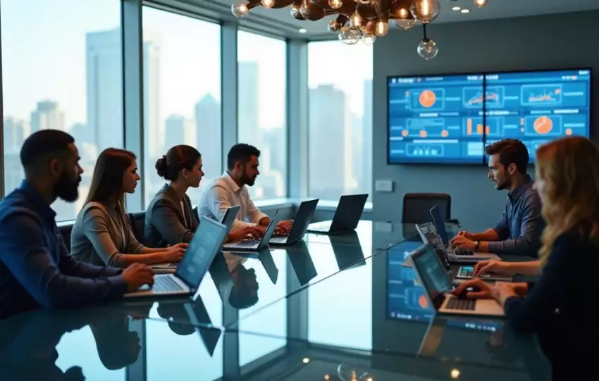 Equipe de trabalho colaborando em projeto de onboarding de usuários no sistema TOTVS em escritório moderno