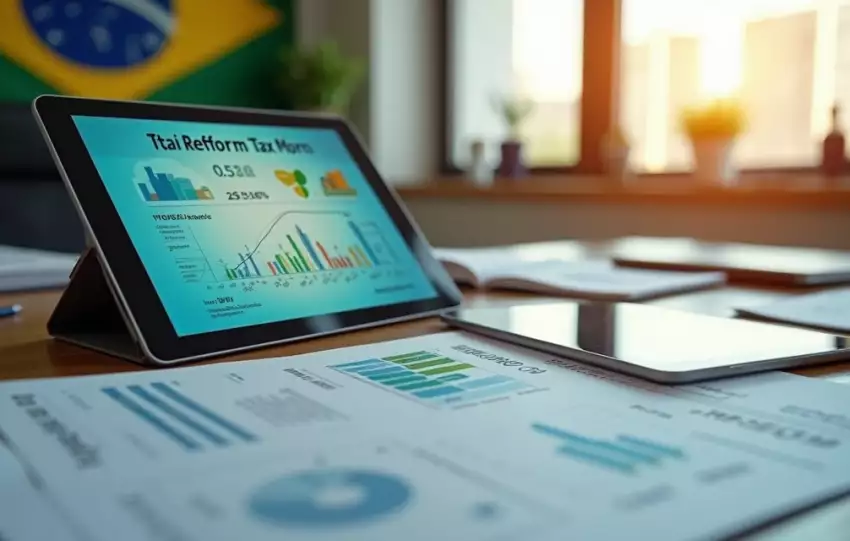 Representação visual da reforma tributária no Brasil com gráficos, contas e elementos digitais