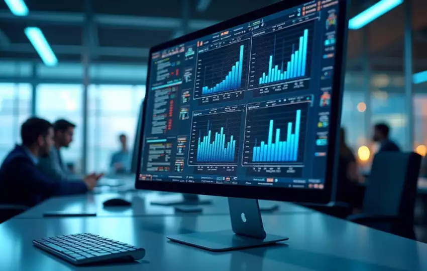 Computadores e telas exibindo dashboards de dados integrados, com gráficos e fluxos conectando múltiplos sistemas ERP TOTVS em ambiente moderno e tecnológico