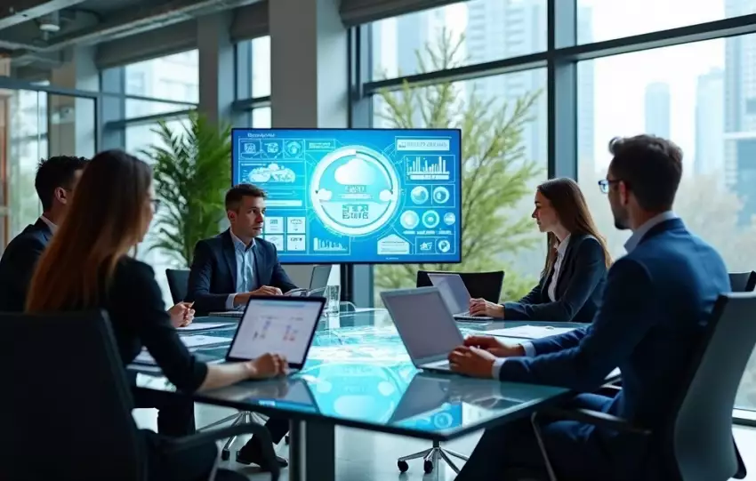 Equipe de consultoria empresarial reunida em escritório moderno analisando dados e gráficos em telas digitais