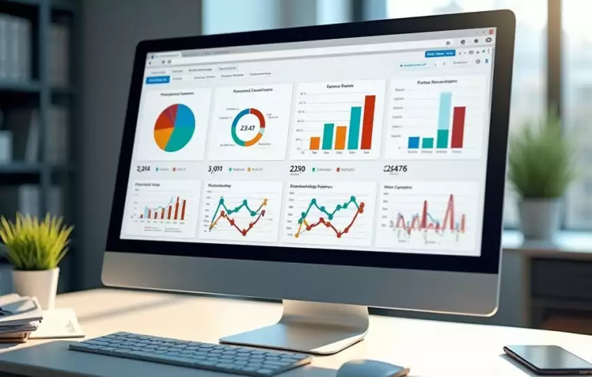 Painel digital com gráficos e indicadores de processos fiscais em uma tela de computador moderno