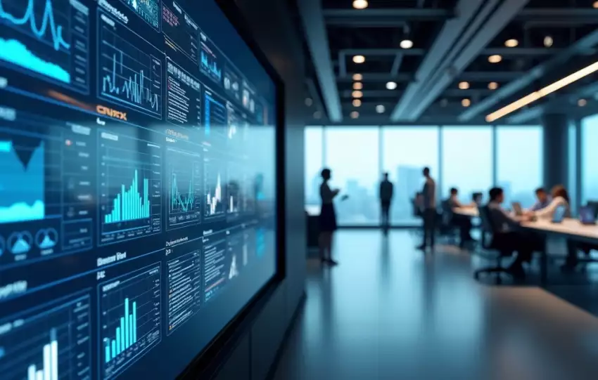 Painel digital mostrando múltiplos sistemas ERP conectados por rede integrada em ambiente corporativo moderno