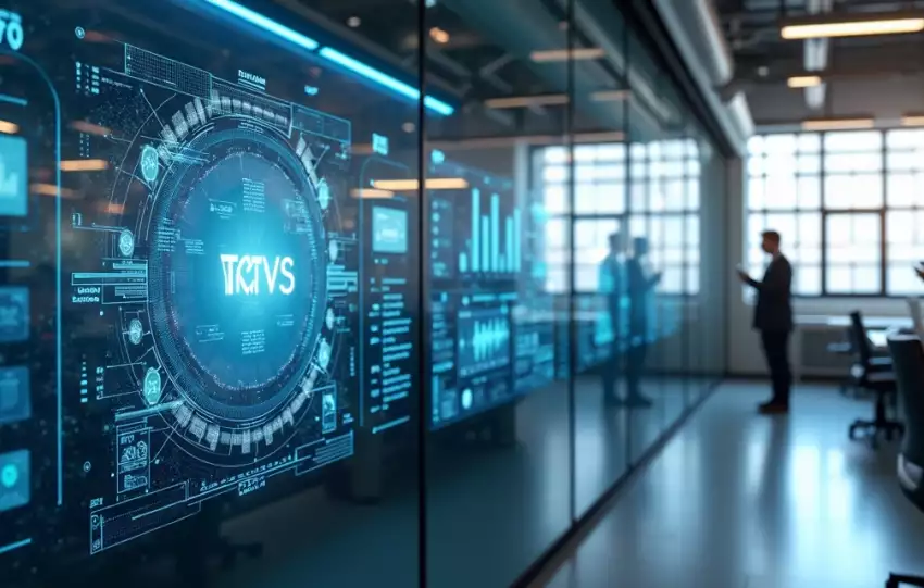 Equipamentos industriais conectados via IoT integrados a sistemas ERP TOTVS em ambiente corporativo moderno