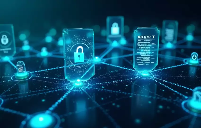 Conexões digitais entre bancos e sistemas ERP com códigos e dados financeiros fluindo