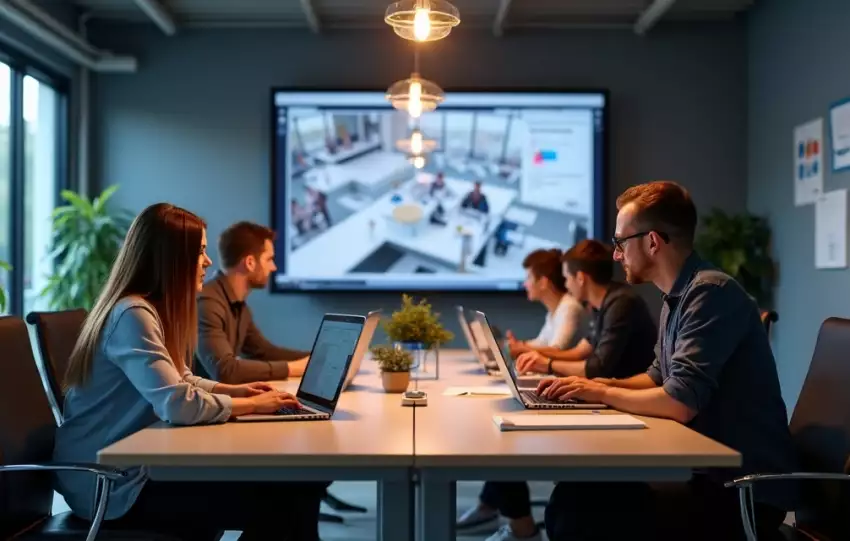 Equipe em sala moderna reunida com notebooks e quadros brancos organizando squads ágeis para projeto ERP
