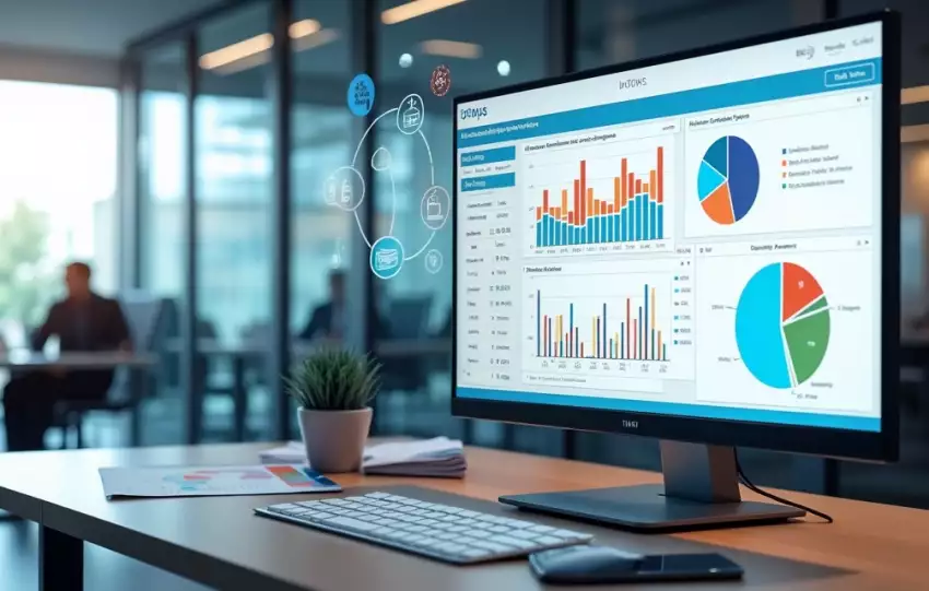 Tela de computador exibindo dashboard do sistema ERP Protheus com gráficos de desempenho, módulos financeiros e de estoque integrados