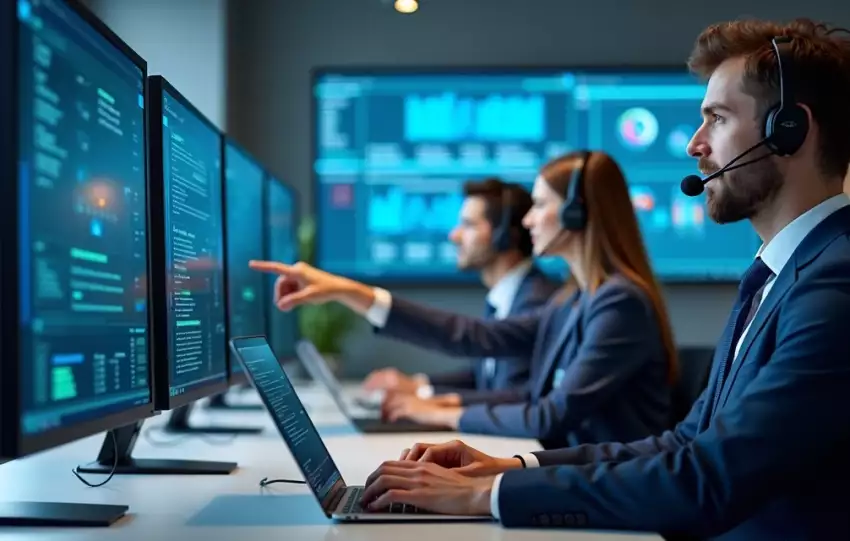 Equipe técnica atendendo suporte TOTVS Protheus com computadores e telas de sistema