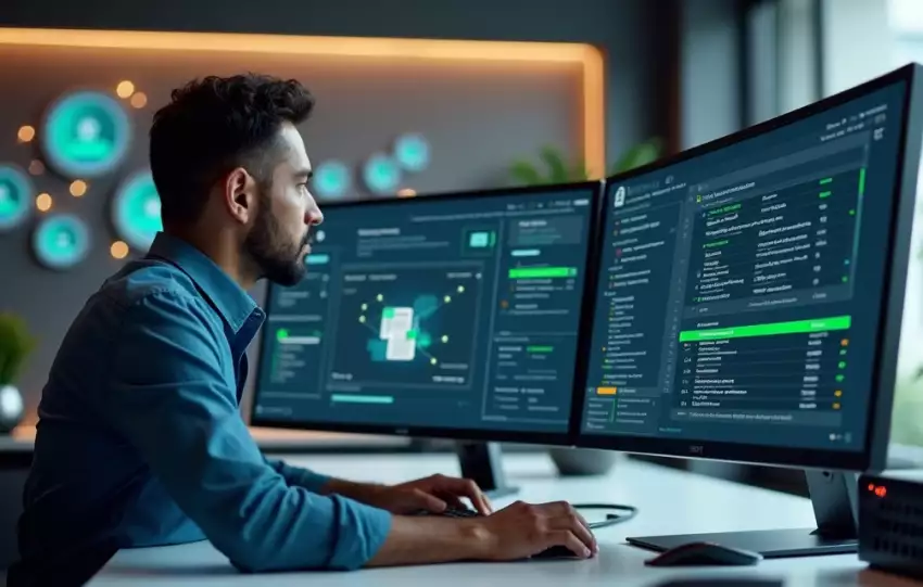 Profissional de TI atualizando ambiente fiscal eletrônico com Protheus e TSS em tela dupla