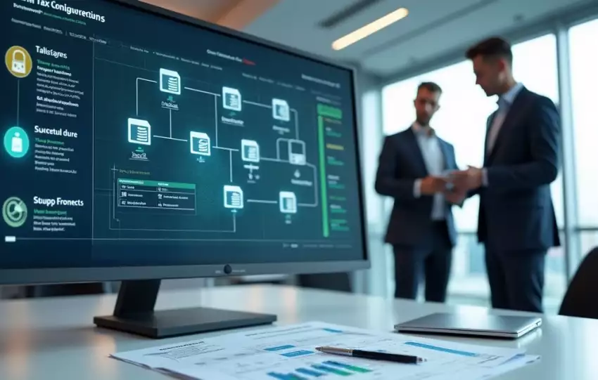 Dashboard ERP mostrando compartilhamento de tabelas fiscais entre filiais em ambiente corporativo moderno
