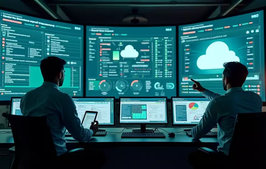 Central de monitoramento de TI com painéis em nuvem e servidor em failover