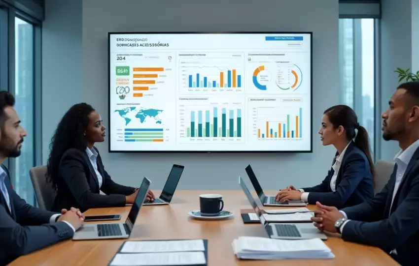 Executivos analisando dashboard fiscal e tributário em sistema ERP