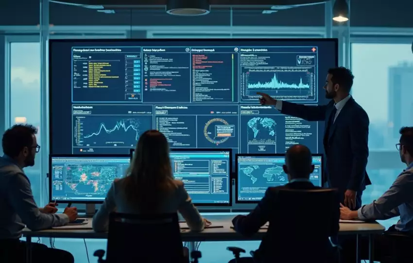 Equipe de TI analisando painel de ERP Protheus com alertas de problema em grande tela