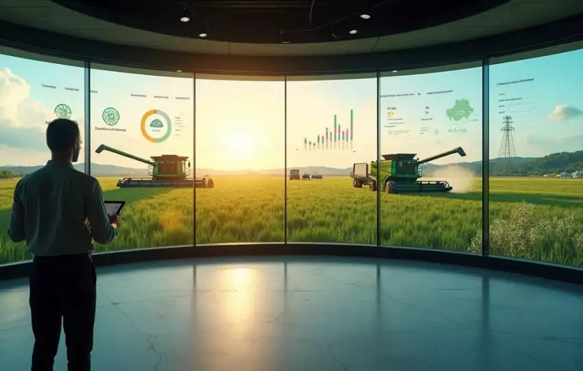 Painel de gestão agrícola digital com fazenda moderna ao fundo