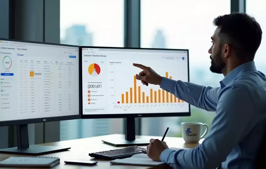 Gestor analisando tela de sistema de ponto eletrônico com gráficos de jornada de trabalho