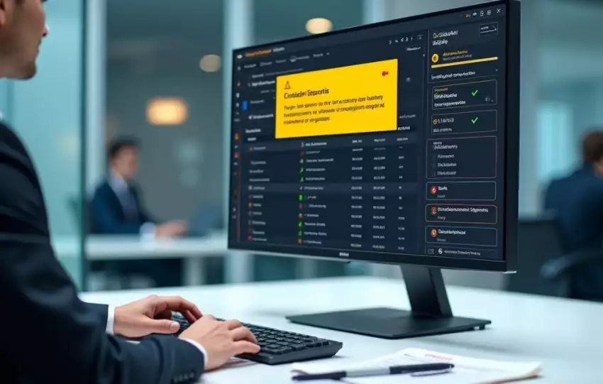 Tela de ERP TOTVS com alerta de dicionário fiscal desatualizado e processo de atualização em destaque