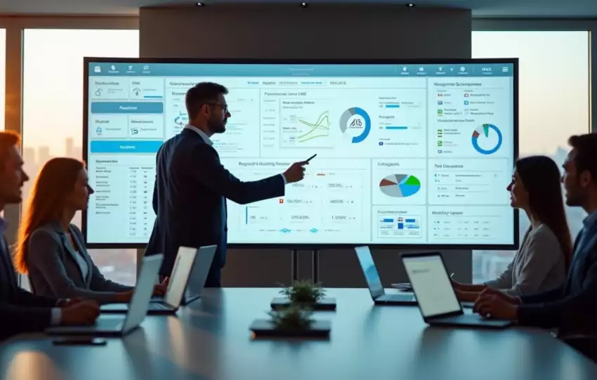 Equipe analisa painéis de ERP com parâmetros e fluxos empresariais