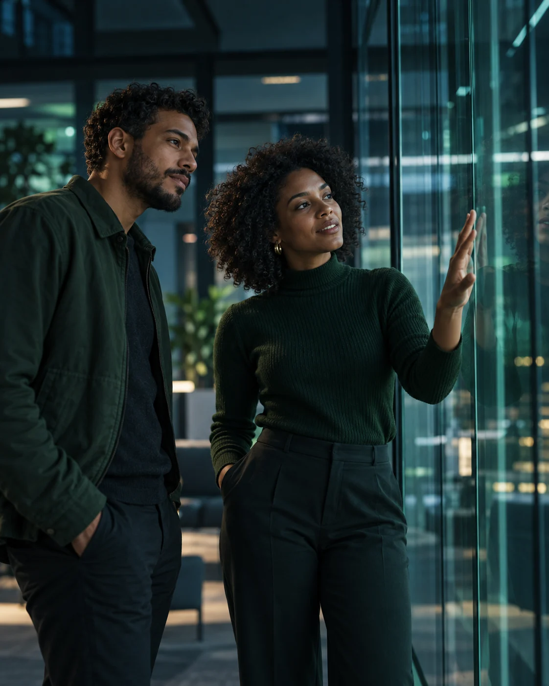 Duas pessoas de roupa verde em um ambiente de tecnologia