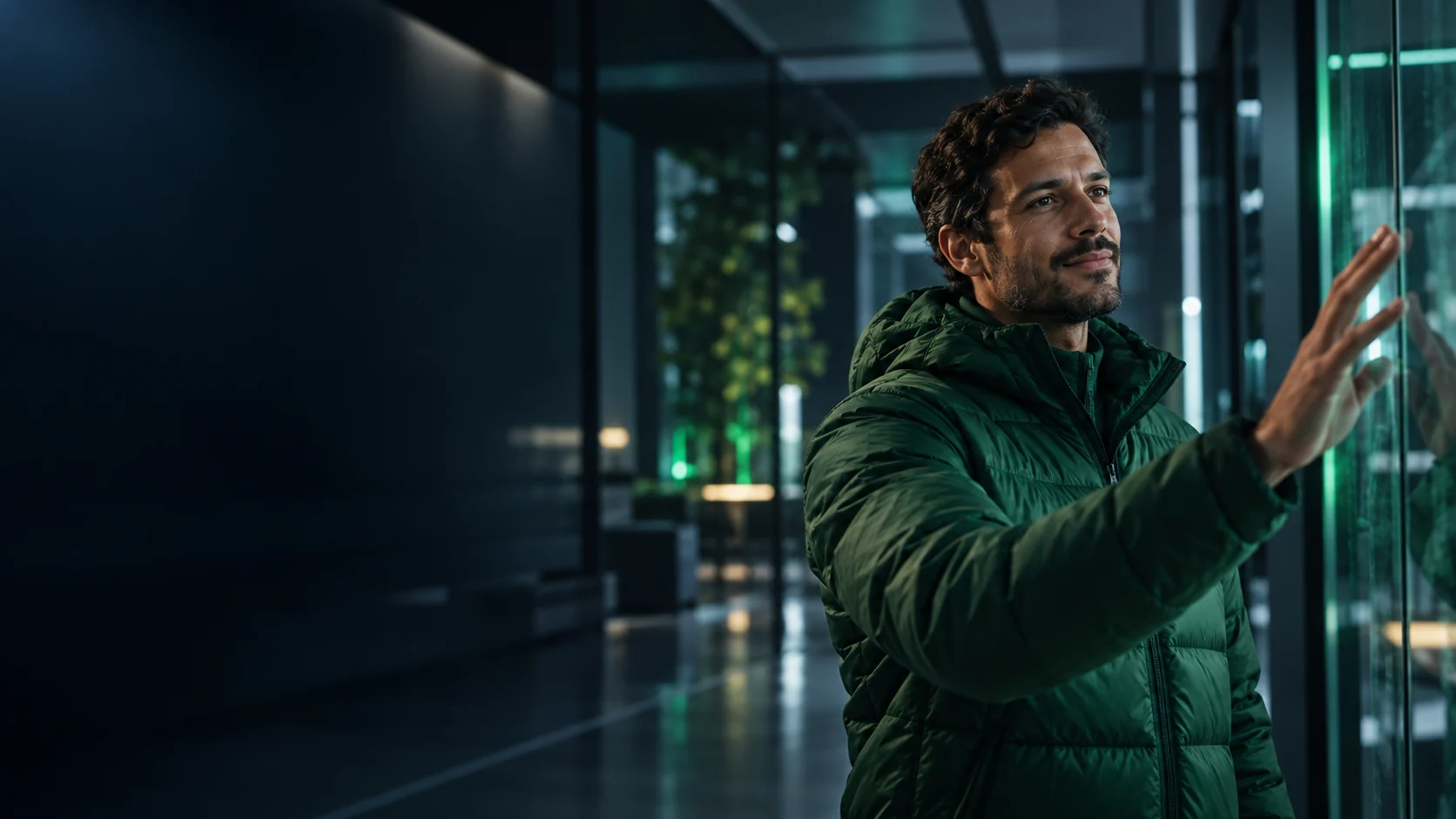 Especialista de jaqueta verde interagindo com uma interface em uma sala de servidores